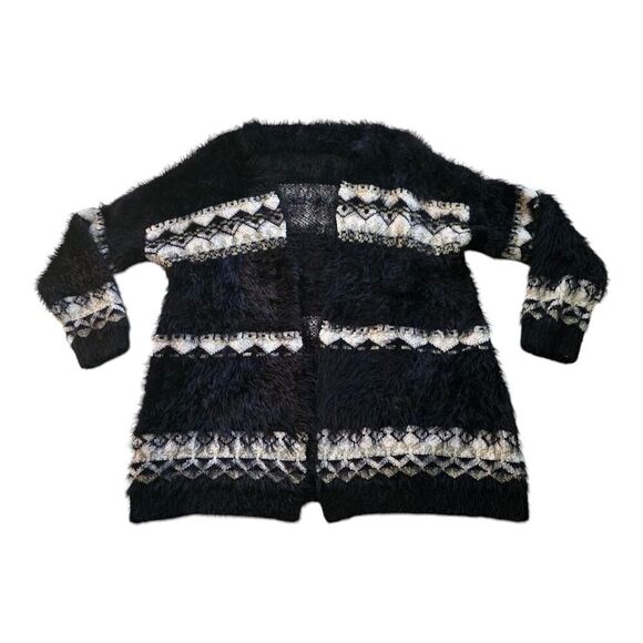 Sioni Open Front Cardigan Sz L Fluffy Striped Super Soft Fringe Fair Isle Style - Picture 1 of 6